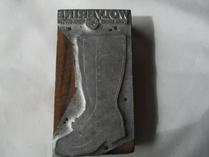 antique Advertising Wolverine work shoes gloves WOOD BLOCK Metal STAMP typeset - Picture 1 of 5