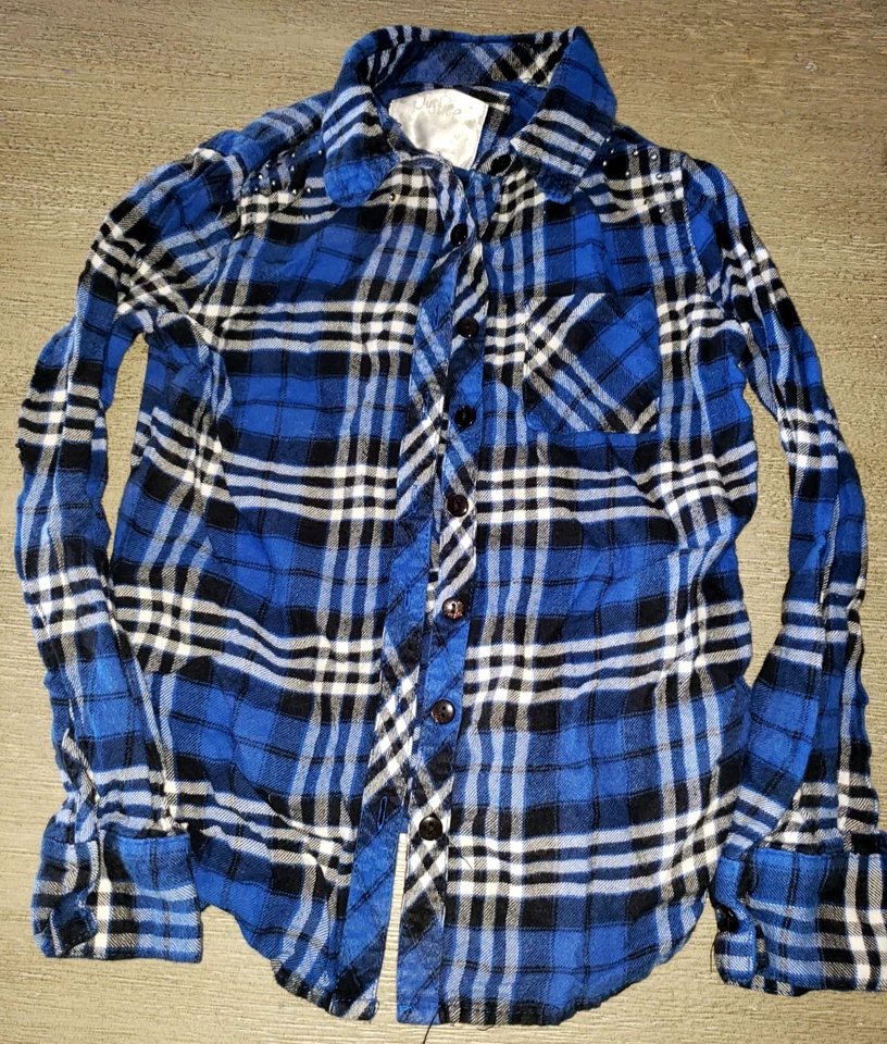 JUSTICE girls blue black PLAID SHIRT TOP long sleeve size 8 silver studs SCHOOL - Image 1 of 1