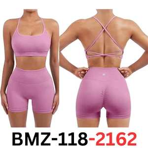 SUUKSESS Women Seamless 2 piece Workout Set Strappy Padded Sports Bra & Shorts L - Picture 1 of 6