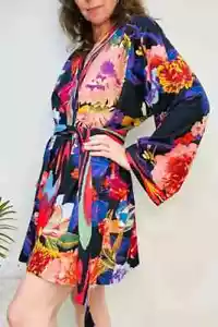 Indian Black Floral Print Cotton Robes Long Kimono Sleepwear Night Kimono Robes - Picture 1 of 7