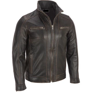 Herrenjacke aus schwarzem Nietleder mit verblichenen Nähten aus echtem Rindslede - Picture 1 of 4