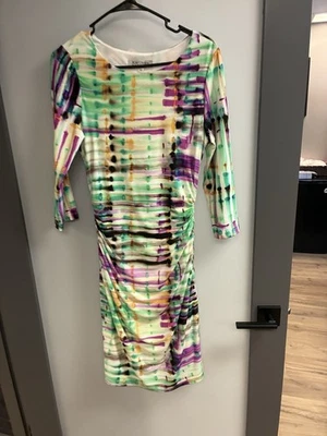 KAY UNGER 抽象印花 3/4 袖褶皱多色连衣裙 - 10 — 第 1/4 张图片