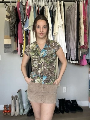 Y2K Sojo Petite Ruched Printed Top XS/S Fairy Grunge 2000s Aesthetic Boho - Image 1 of 4