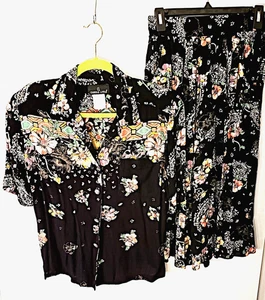 Vintage Carole Little Top & Capri Pant Set Womens M Rayon Crepe 90s black floral - Picture 1 of 5