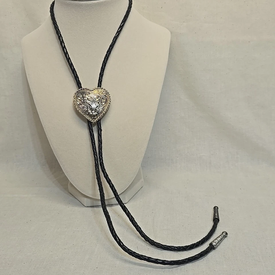 Vintage 925 & Leather Western Heart Bolo Necklace Lariat Bolero *tested* - Image 1 of 4