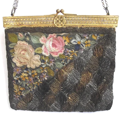 VTG CREWEL WORK EMBROIDERY ROSES METALLIC PURSE SQUARE FOLDING FRAME Handbag BAG - Image 1 of 4