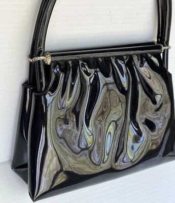 Vtg Morris Moskowitz Black Patent Handbag Cocktail Purse Crystals Top Handle - Image 1 of 4