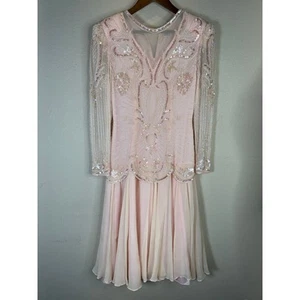 Vintage Twilight Connection Pink Beaded Sequin Dress Silk Size S Flapper Gown - Picture 1 of 15