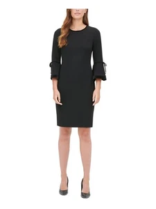 CALVIN KLEIN Womens Black Bell Sleeve Above The Knee Evening Sheath Dress 2 - Picture 1 of 11