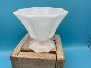 Vintage White Milk Glass Paneled Grapes & Leaves Small Compote - Picture 1 of 6