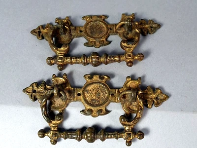 Ancienne paire de poignées tiroirs commode bronze d'ameublement doré A001 - Photo 1/4