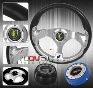88-91 Civic Black/Silver Steering Wheel + Hub Adapter + Slim Quick Release +Horn - Picture 1 of 3