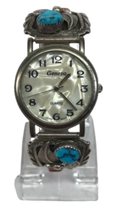 Reloj vintage Navajo Sterling Silver Geneva con tema de hoja de piedra turquesa - Imagen 1 de 5