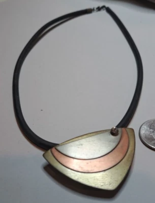 Vtg Mid Century Mod Geometric Brass/copper Choker Pendant Necklace on  Cord - Image 1 of 4