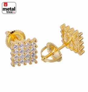 Men's 925 Silver in 14k G.P Mini Square Block 7 mm Screw Back Stud Earrings - Picture 1 of 11