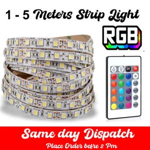 LED Strip Lights 1- 5m RGB 5050 Colour Changing Tape Cabinet Kitchen TV Lighting - Picture 1 of 15