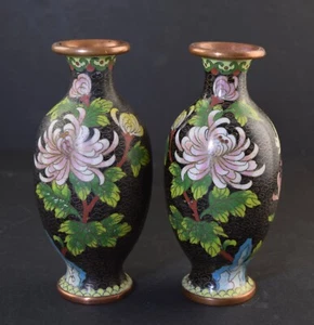 Pair Vintage 6" Chinese Cloisonne Vases~Chrysanthemums & Birds on Black Enamel - Picture 1 of 6
