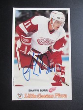 SHAWN BURR 1987 AUTOGRAPHED DETROIT RED WINGS LITTLE CAESARS POSTCARD