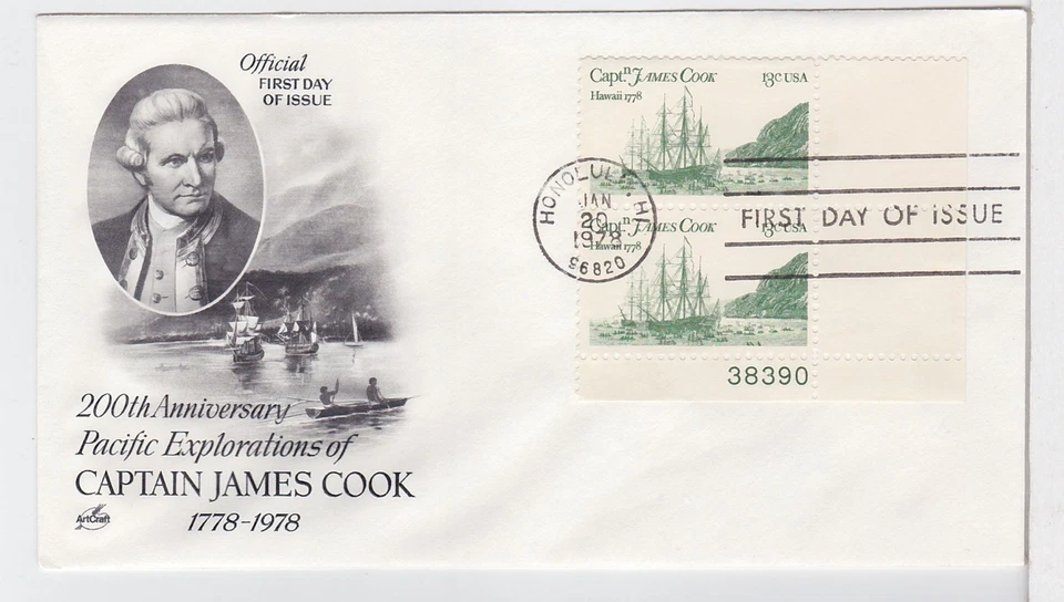 TurtlesTradingPost- Captain Cook 1978 #1733 FDC Artcraft- Plate Number Pair - Image 1 of 1