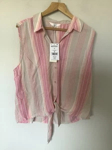 BNWT Next Linen Mix Sleeveless Shirt Blouse, Tie Front Candy Stripe Pink Size 14 - Picture 1 of 6