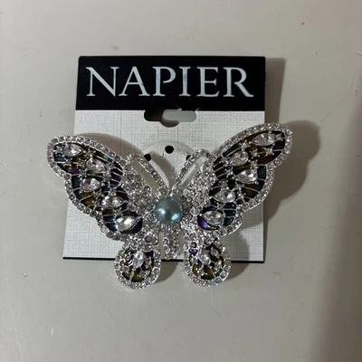 New On Card Napier Silver Tone Rainbow Butterfly Pearl Pin Blue Purple - Image 1 of 4