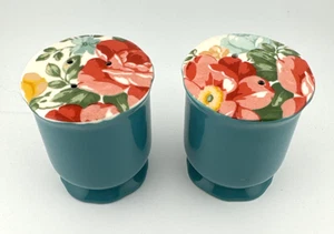 Pioneer Woman Salt & Pepper Shaker Set Flowers Turquoise - Picture 1 of 7