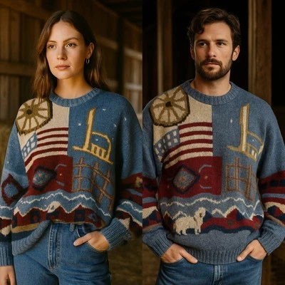 Suéter Vintage North River Lana Patchwork XL Unisex Folk Western Americana Tejido Foto 1 de 4