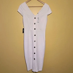 Express V Neck Short Sleeve Midi Dress Tortoise Sell Buttons Lined Ivory Beige S - Picture 1 of 12