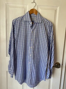 Ledbury Tailored Fit Business Blue Check Spread Collar Shirt Men’s Size 16 New - Picture 1 of 9