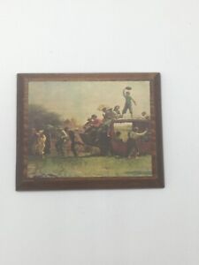 Vintage print wood art boys naughty stage coach rustic country primitive wall 6”