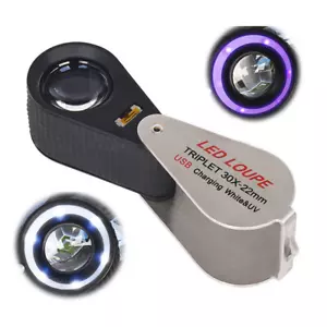30X 22mm USB Rechargeable Jewelry Stamps Diamond Triplet White & UV 6 LED Loupe - Picture 1 of 12