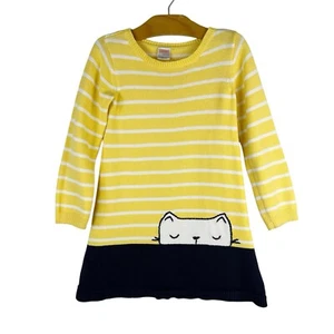 Gymboree Flower Shower Kitty Sweater Dress Yellow Navy Long Sleeve Knit Size 5T - Picture 1 of 10