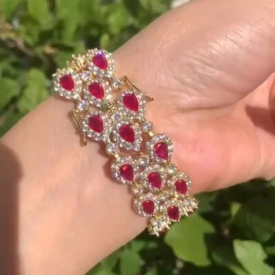 31 ctw Pear Cut Created Ruby & Diamond 14K Yellow Gold Plated Statement Bracelet - Image 1 of 4