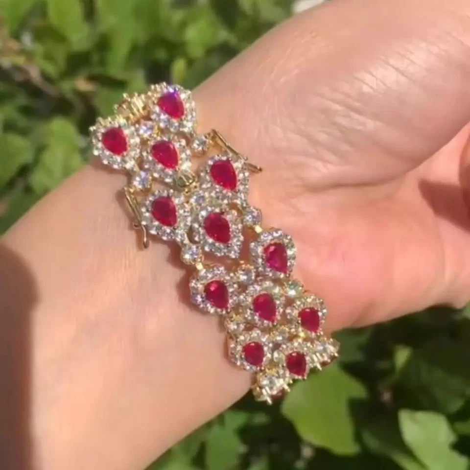 31 ctw Pear Cut Created Ruby & Diamond 14K Yellow Gold Plated Statement Bracelet - Image 1 of 4