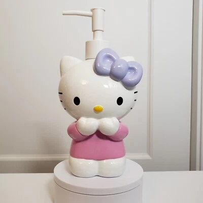 HELLO KITTY: Hands On Mouth Pink With Purple Bow Lotion Soap Dispenser Pump, NEW - Image 1 of 4