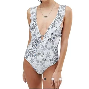 Somedays Lovin Sapphire Frills One-Piece Swimsuit M Blue White Ruffle Boho - Picture 1 of 9