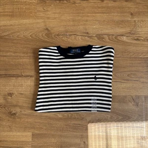 NEW Polo Ralph Lauren Boys Waffle Knit Shirt Cream/Navy Striped Pony Logo - Picture 1 of 4