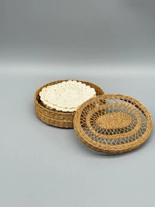 Vintage Wicker Basket & 10 Handmade Crochet White 3.75"x3" Coasters - Picture 1 of 9