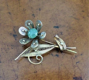 Vintage SORRENTO Jade Stone Flower Sterling Silver BROOCH Pin hallmarked - Picture 1 of 4