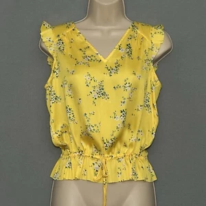 Banana Republic Womens Top XS Yellow Floral Satin Ruffle Feminine Cottagecore - Picture 1 of 12