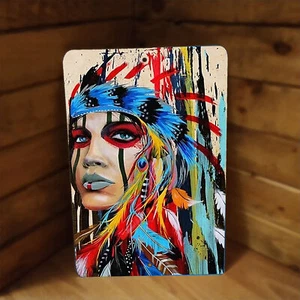 Letrero de póster de metal de 12"x8" de arte en color de mujer nativa americana - Imagen 1 de 2