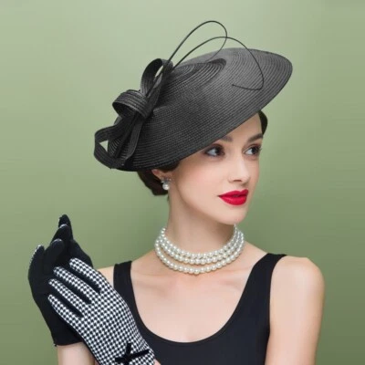 Womens Kentucky Derby Church Wedding Noble Dress Linen Feather Sinamay Hat Party - Image 1 of 4