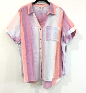 Terra Sky Top Womens Plus Size 0X/14 Pink Multicolor Colorful Stripe Linen New - Picture 1 of 12
