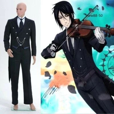 New Black Butler Kuroshitsuji Sebastian Cosplay Costume Black Suit Carnival Gift - Image 1 of 4