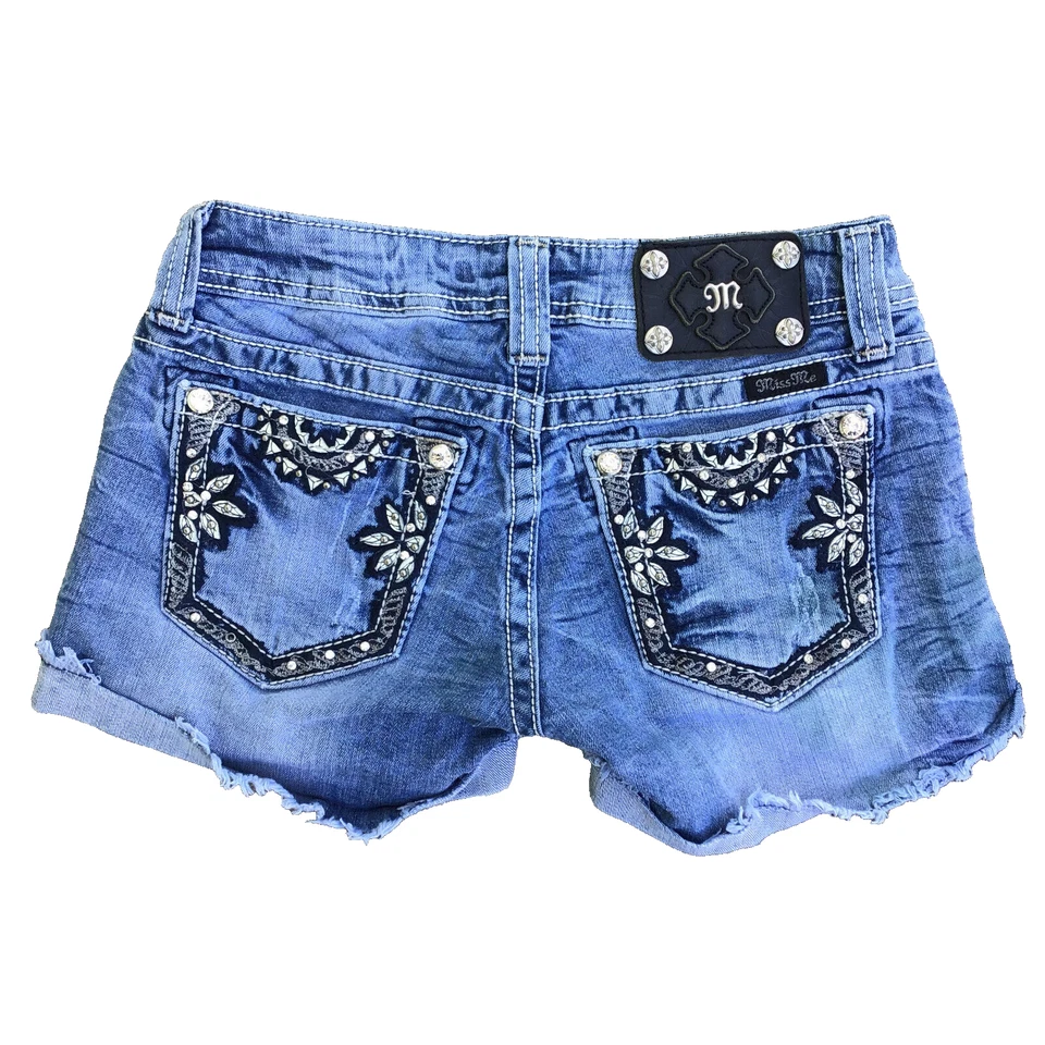 Miss Me Women's Distressed Blue Denim 5 Pocket Shorts Size 25 Tropical - Image 1 of 4