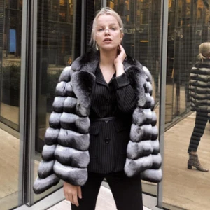Mujeres Real Rex Abrigo de Piel de Conejo Elegante Abrigo Chinchilla Invierno Chaqueta de Lujo - Imagen 1 de 3