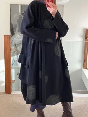 Ralston Six Black Scribble Spot Wool Coat Lagenlook Art-to-Wear  M/Oversized - Image 1 of 4