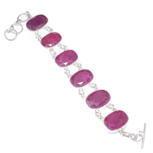 Brazalete de cadena de joyería de plata esterlina 925 hecho a mano con piedras preciosas de rubí rosa de Cachemira - Imagen 1 de 5