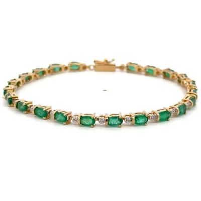 14K Yellow Gold Oval emerald and Round Diamond Bracelet 7.25" - Image 1 of 4