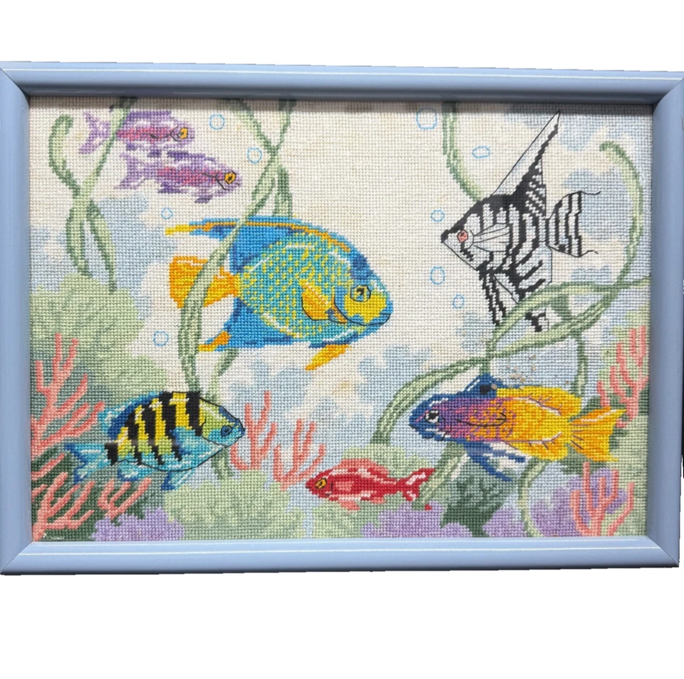 Vintage Ocean TROPICAL FISH Lovely Needlework 1990s Needlepoint Light Blue FRAME - Image 1 of 4